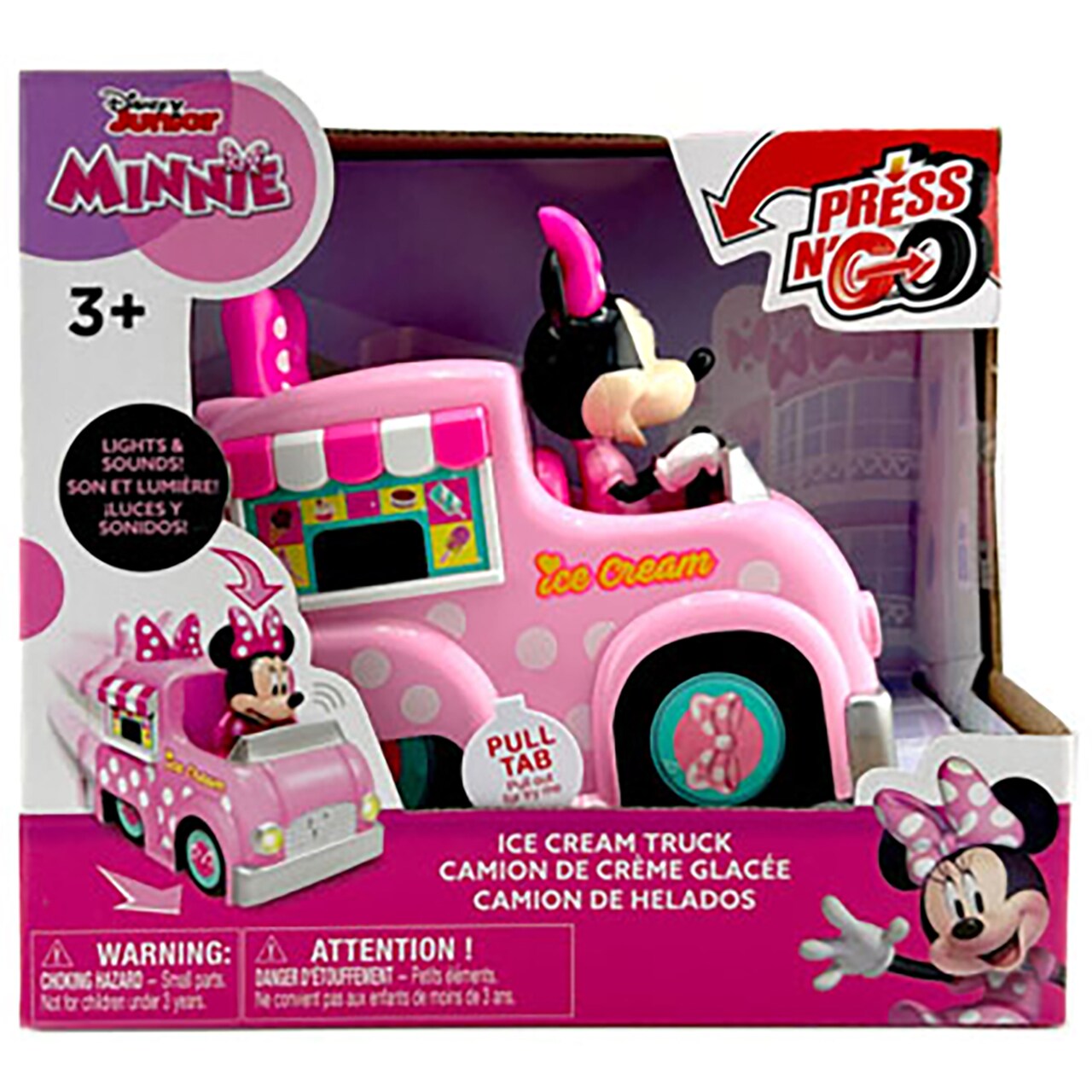 Disney Junior: Press N' Go - Minnie Mouse Ice Cream Truck - 5.5” Pink & White Toy Vehicle, Flashing Lights & Sounds Car, Desserts Shop Play, Kids 3+